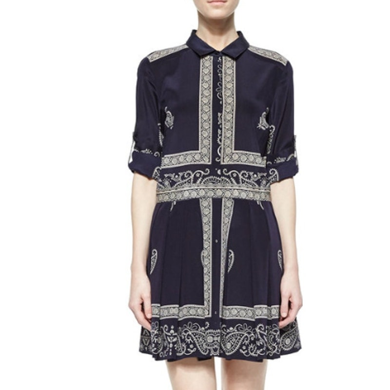 Dkny Silk Bandana Print Dress Floral Paisley Pleated Western Cowboy Mini, Blue